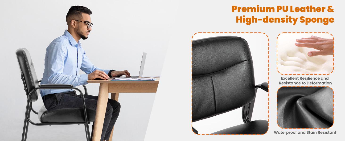 Waiting Room Chair Reception Chair Office Guest Chair, Conference Room Chair Lobby Chair with Padded Arms, Desk Chair No Wheels Leather Office Chair