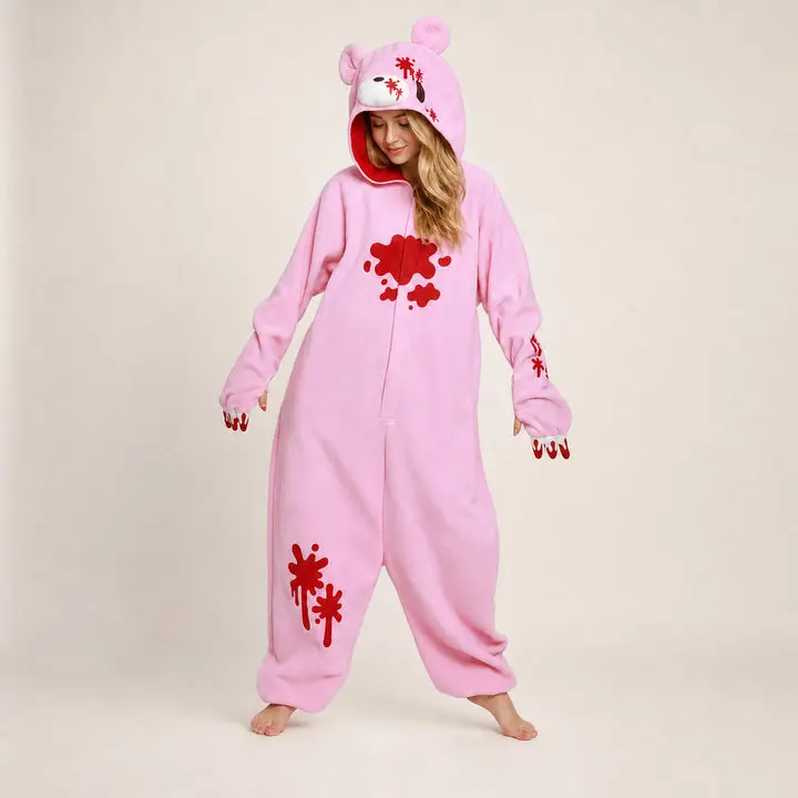 Women's Unisex Embroidered Paw Graphic Pink Bear Kigurumi Onesie - Soft, Comfortable Fabric, Relaxed Fit, Cuffed Design