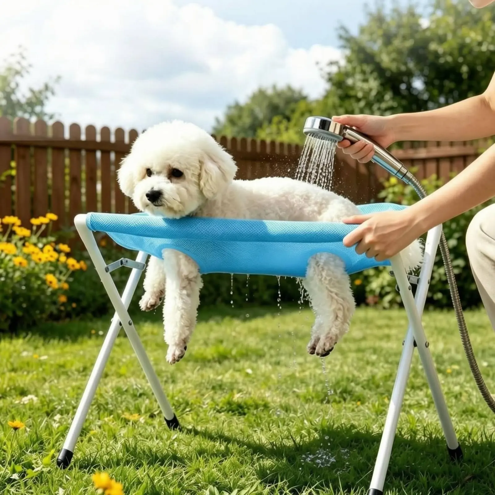 Grooming Pet Bath Stand Mesh Bathing Station, Blue | Foldable Metal Structure with Quick Surface and Strap, Suitable for pet Washing Maintenance Travel Grooming
