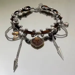 Y2K Leopard Print Heart Choker, Brown Leopard Faux Leather Strap with Spike Tassel Chain & Bear Charm Gothic Necklace