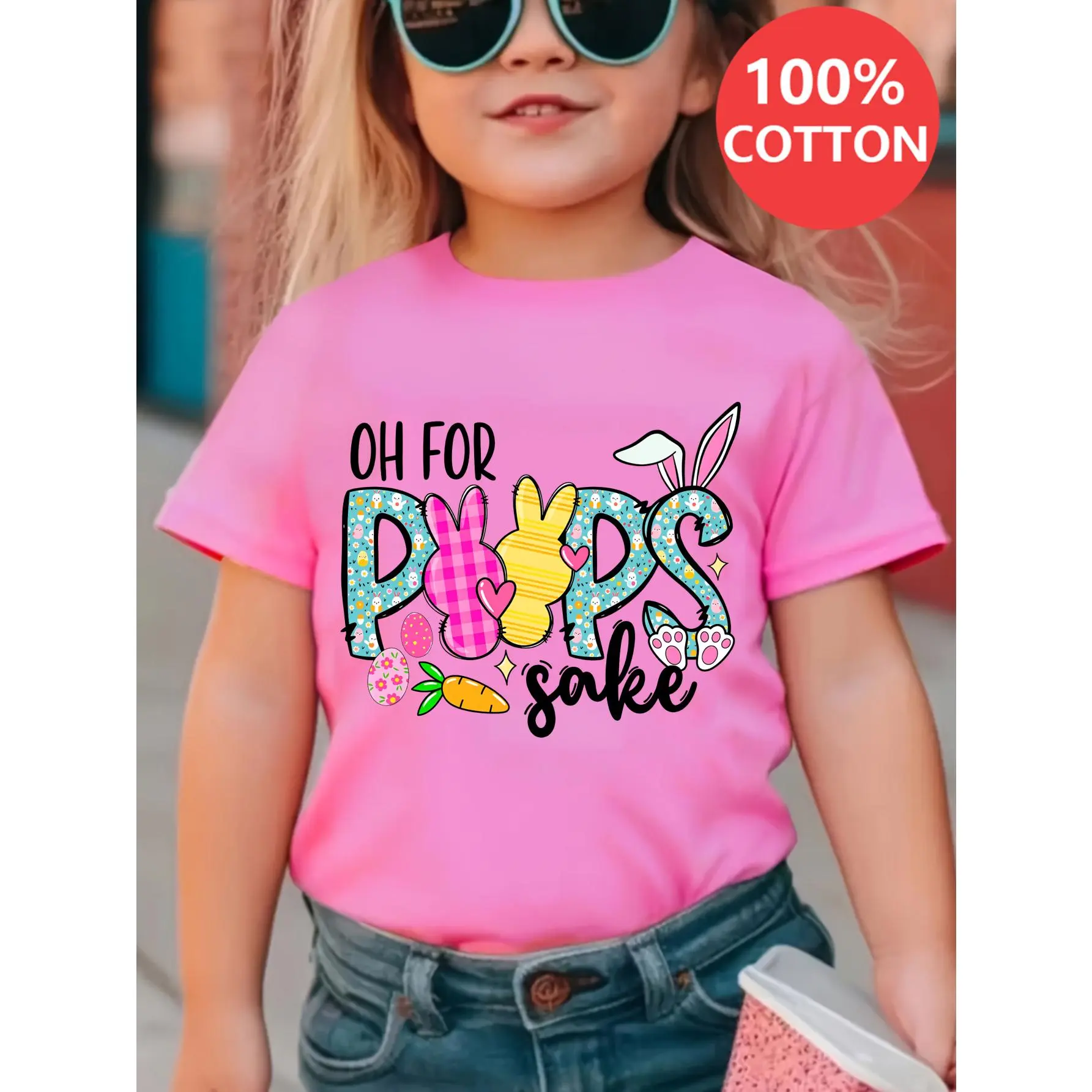 Easter Day Girls T Shirts Oh For Pops Sake Bunny Egg Carrot Print 100% Cotton Short Sleeve T Shirt