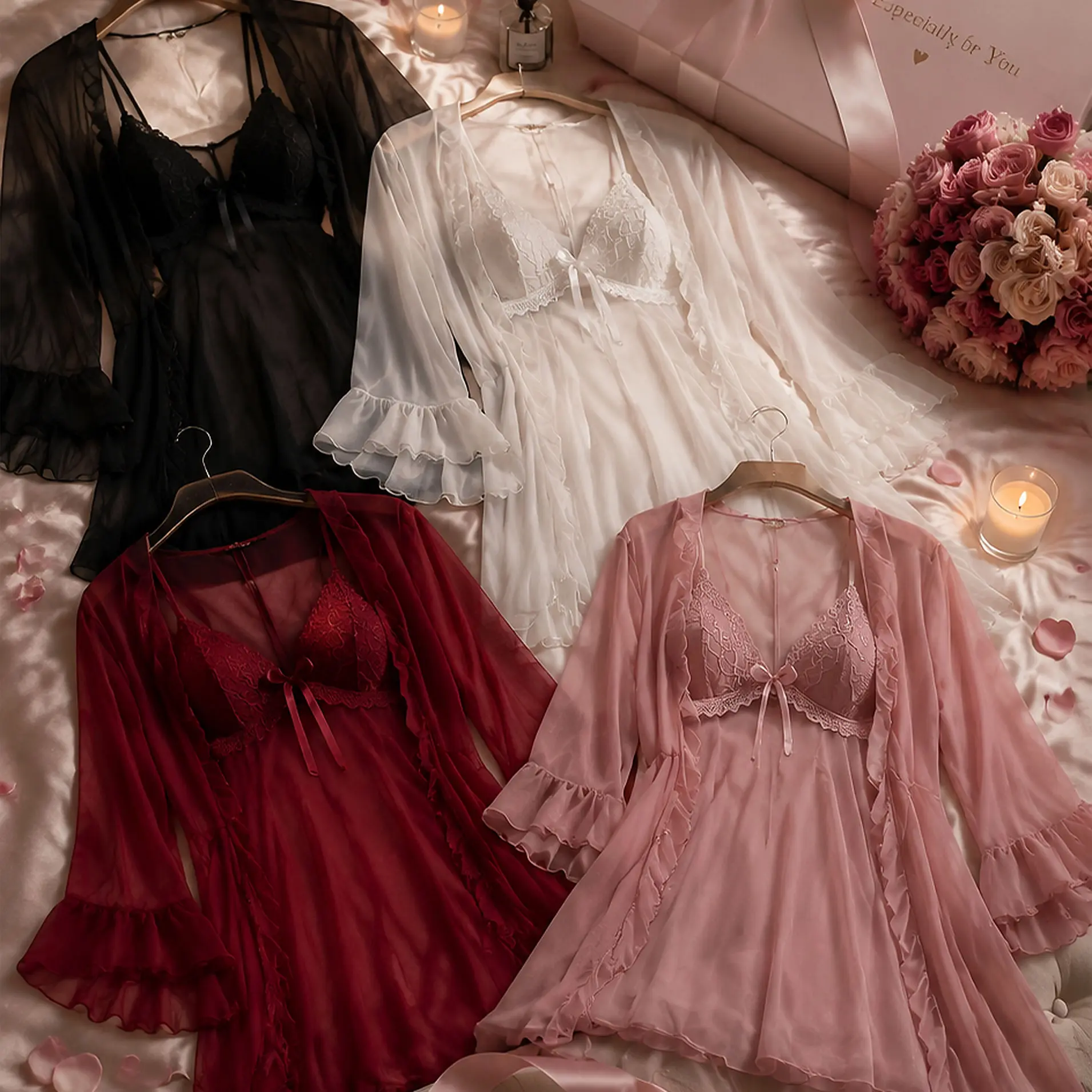 Women's 2-Piece Romantic Sheer Lace Intimate Nightwear Lingerie Set, Including Babydoll Slip Dress and Flared Frill Sleeve Robe