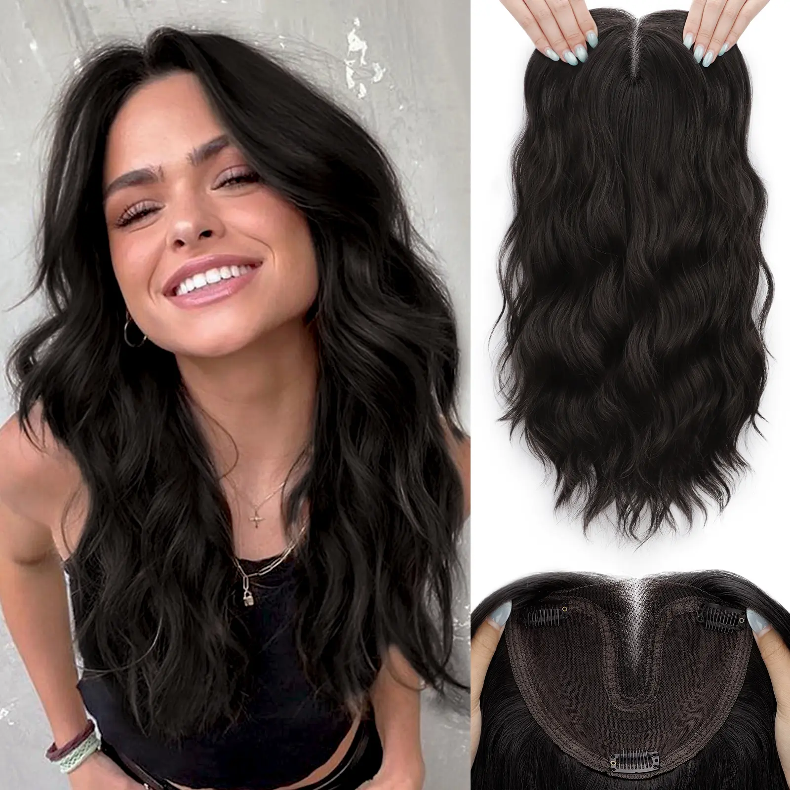 FXMONGYI Hair Toppers for Women 16 Inch Breathable T-part Lace Clip in Hair Toppers Premium Synthetic Hair Pieces Natural Coverage and Add Volume for Thinning Hair