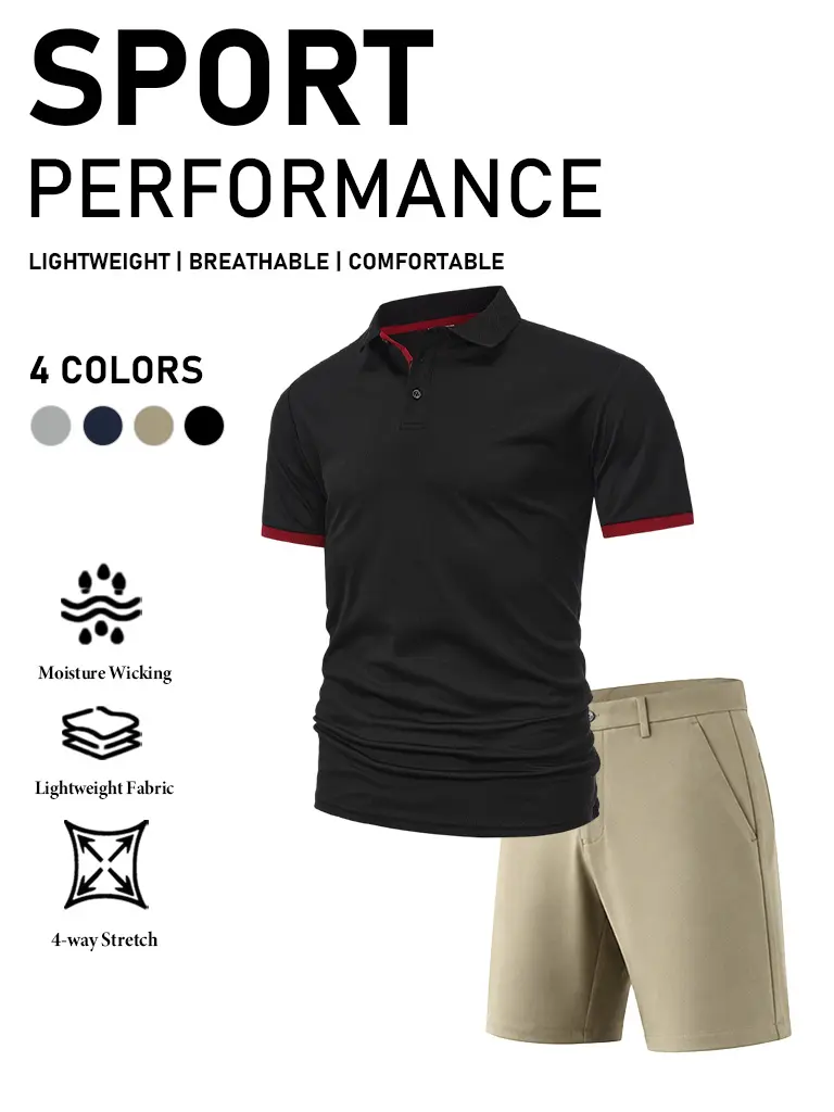 Men's Stylish 2-Piece Plain Short-Sleeve Casual Golf Polo Shirt & Shorts Set, Menswear Clothes with Quick-Dry Fabric, 4-Way Stretch, Lightweight, Moisture-Wicking Athletic Workwear