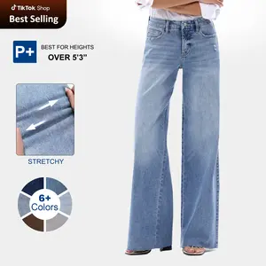 ONESO Mid-Waisted High Stretchy BBL Wide Leg Baggy All Season Jeans Tummy Control Outdoor Indoor Distressed Denim Pants Woman Soft Bottom Comfortable Denim Jeans Plus Size Regular Size