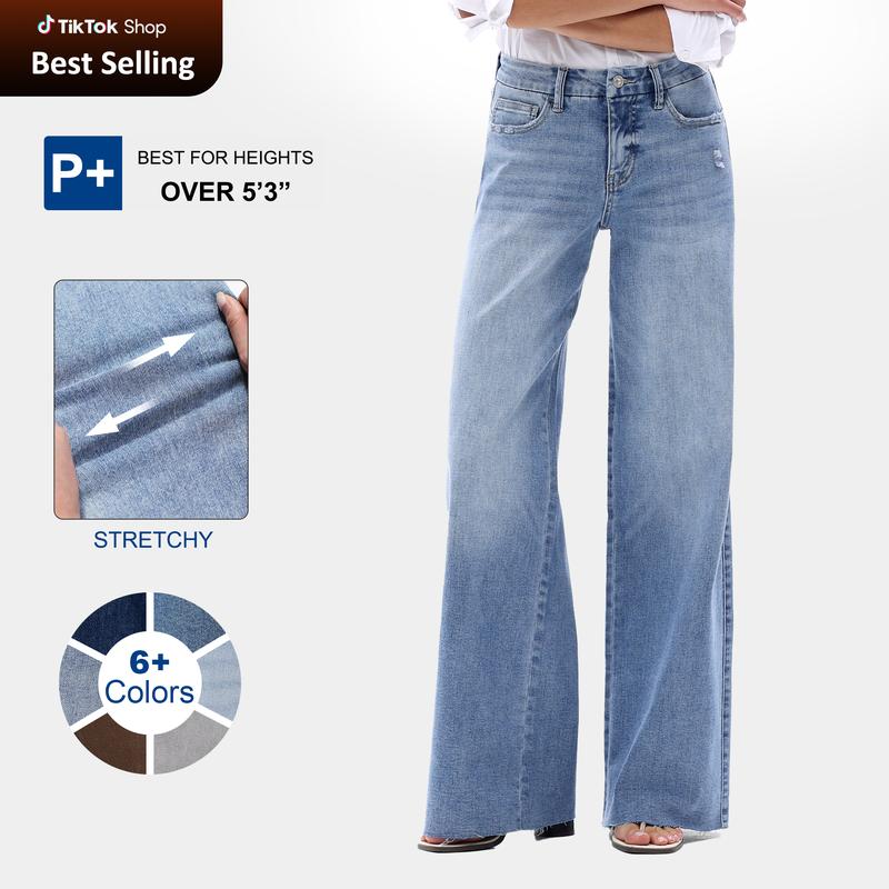 ONESO Mid-Waisted High Stretchy BBL Wide Leg Baggy All Season Jeans Tummy Control Outdoor Indoor Distressed Denim Pants Woman Soft Bottom Comfortable Denim Jeans Plus Size Regular Size