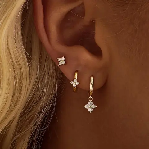 Women's Modmints Floral Huggie Earring Sets - 3-Pair 9mm Minimalist Gold-Plated Hoop & Stud Jewelry, Nickel-Free Hypoallergenic CZ Earrings, Shining Lightweight Stackable Gift-Ready Pieces for Mom, Birthday, Anniversary