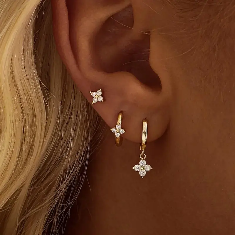 Women's Modmints Floral Huggie Earring Sets - 3-Pair 9mm Minimalist Gold-Plated Hoop & Stud Jewelry, Nickel-Free Hypoallergenic CZ Earrings, Shining Lightweight Stackable Gift-Ready Pieces for Mom, Birthday, Anniversary