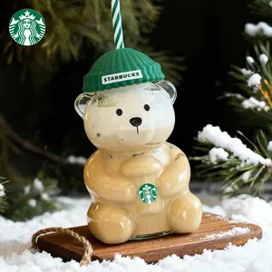 Starbucks 2026 Barista Bear Cup Limited Edition Glass Cup Xmas Gift 503 ml R Green Tumbler with Straw