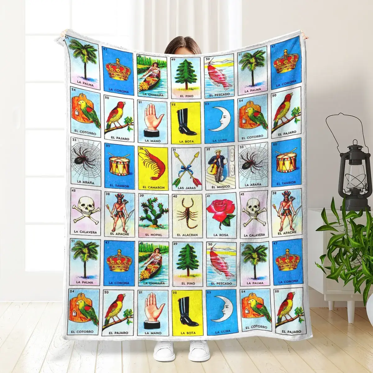 Mexican Loteria Card Pattern Blanket, Soft Fleece Throw, Cool Bedroom Bedding Blanket, Air-Conditioned Room Blanket, Warm Nap Blanket for Home and Office, Fleece Blanket