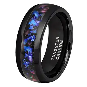 "Yonifu Men's 8mm Black Tungsten Ring with Blue Galaxy Opal Inlay Scratch Resistant Comfort Fit Durable Unique Wedding Band Gift for Him"