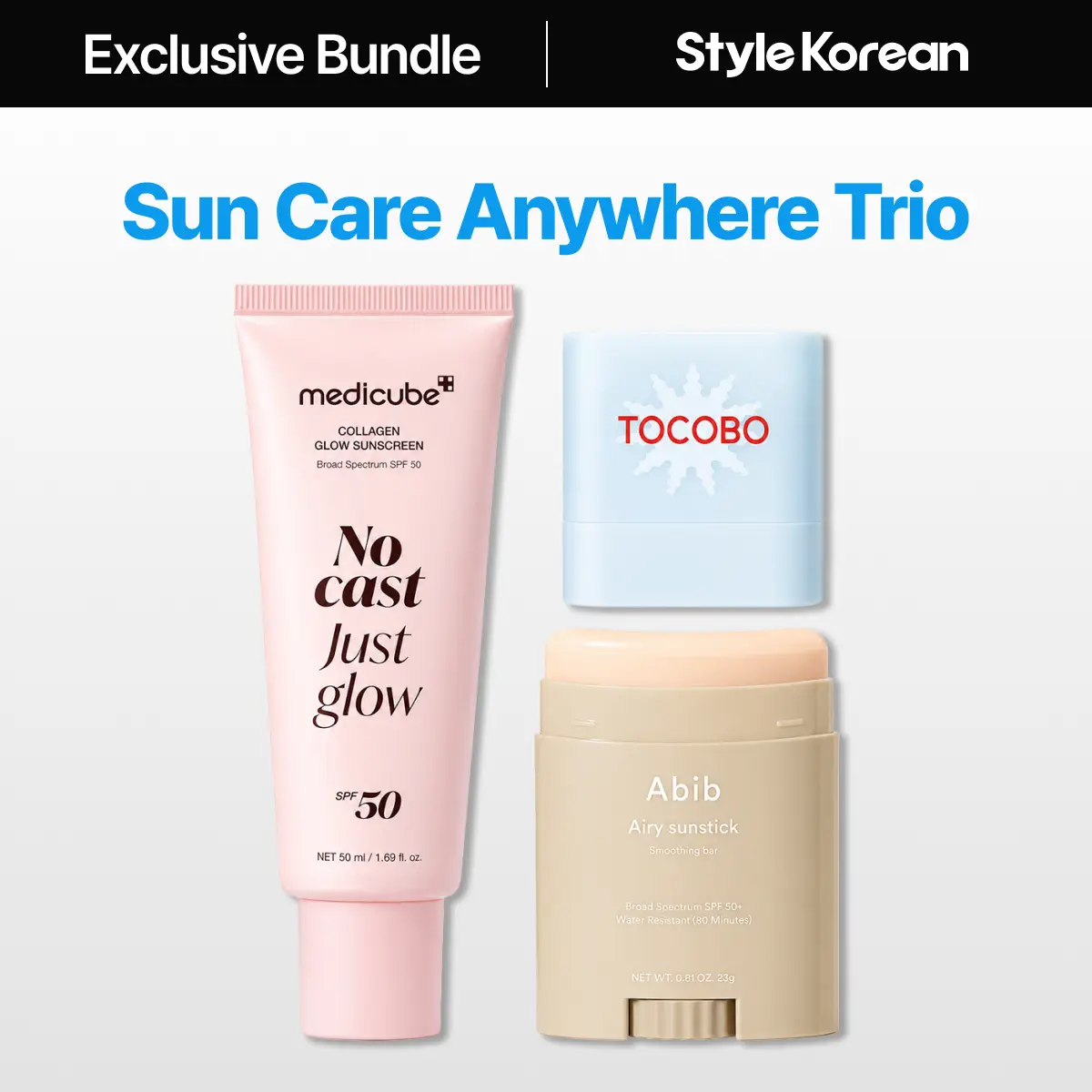 [StyleKorean] Sun Care Anywhere Trio Set (Medicube no white cast just glow sunscreen, Abib Ariy sunstick, Tocobo sunstick mini, non greasy spf 50)