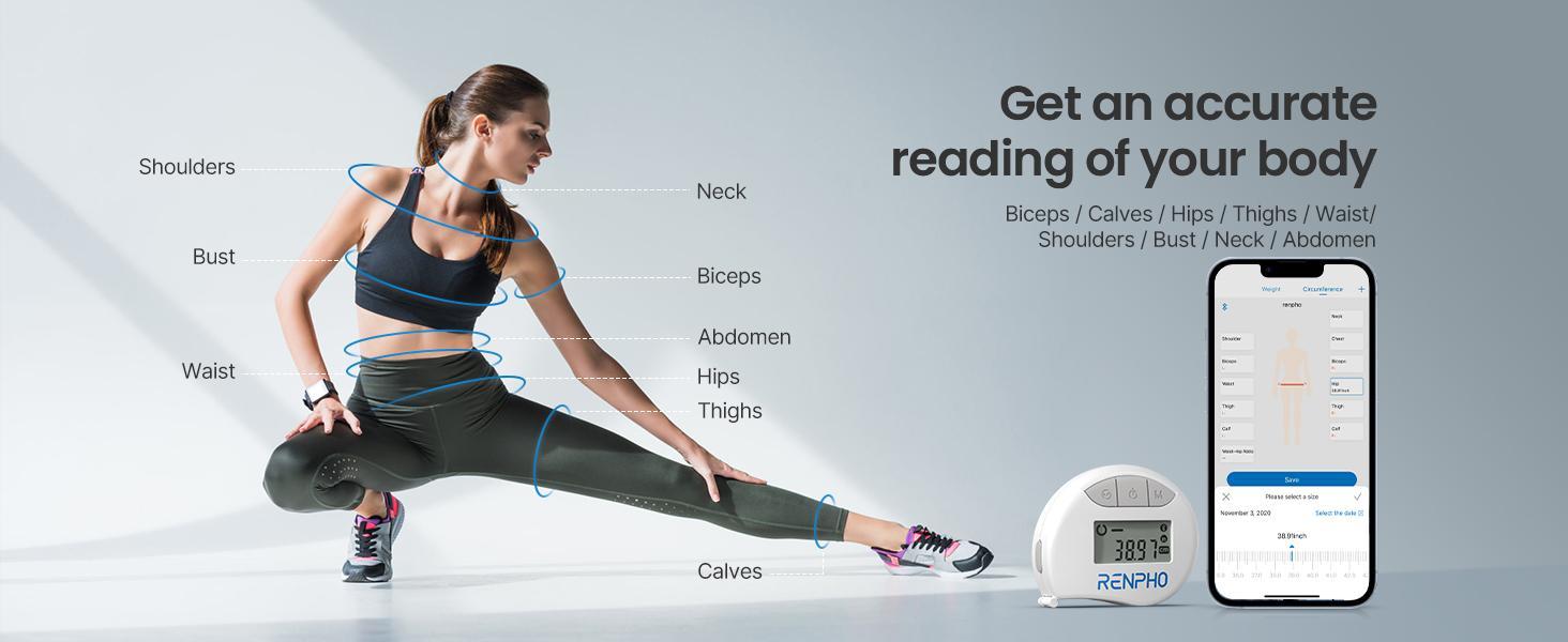 RENPHO Body Measuring Tape, Smart Tape Measure with Bluetooth App, Spring Glow Up Automatic Retractable Tape, Measuring Waist, Hip, Bust, Arms, 60in/150cm Gym Gift