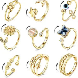 9 Pcs Fidget Anxiety Rings for Women Men Spinner Rings for Anxiety Relieving Stress Open CZ Flower Moon Star Anti Rotatable Rings Adjustable