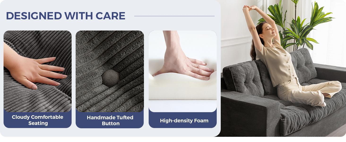 MAXYOYO 3 Seater Couch for Living Room, Boneless Couch with Tufted Cushion & Backrest, Upholstered Floor Sofa for Adults, No Assembly Required, Dark Grey