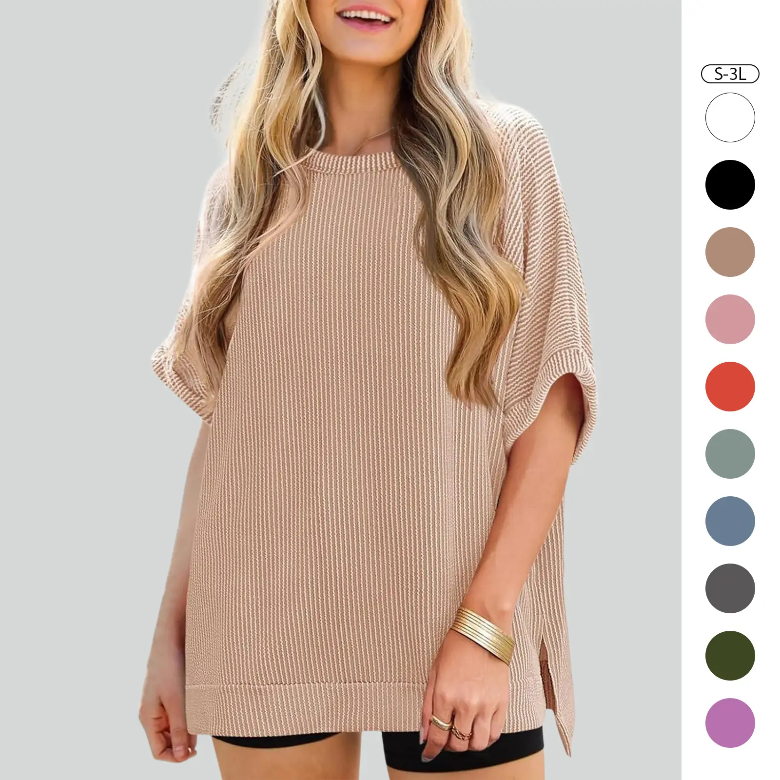 Imily Bela Womens Oversized T Shirts Summer Casual Ribbed Batwing Short Sleeve Tunic Tops Loose Fit Dolman Sleeve Tees