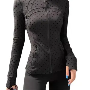 During the flash sale Wave Point Series 2026 New Zipper Steel Print Polka Dot Jacket Flocked Cute Black Slim Fit Stand Collar Yoga Coat Quick-Dry Fabric Flocking Technology