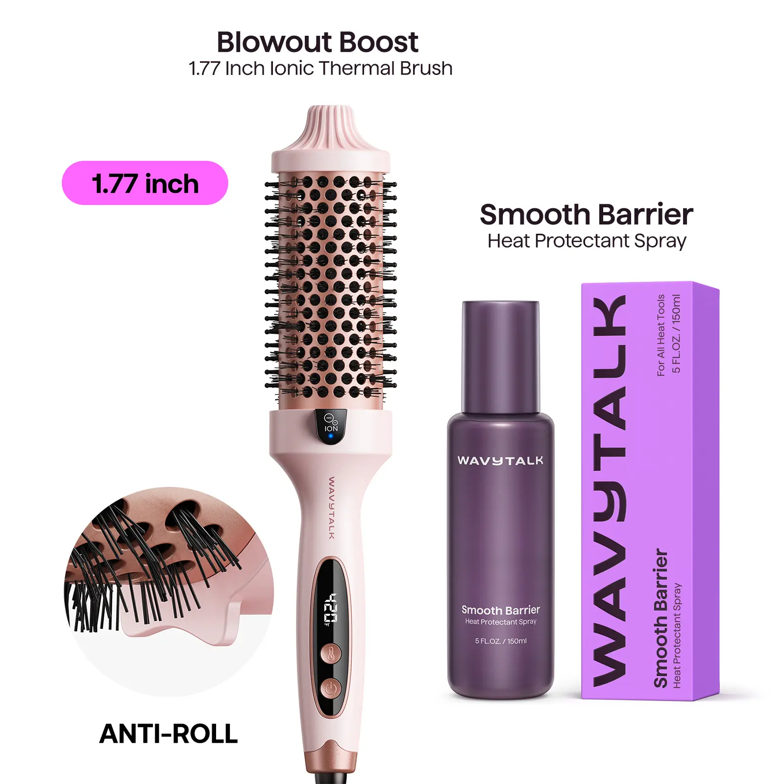Wavytalk Ionic Thermal Blow Dry Brush & Smooth Barrier Heat Protectant Spray Set, Hair Tools for Wavy Hair Styling & Straightening (Blow Dry Brush Curlers & Straighteners)