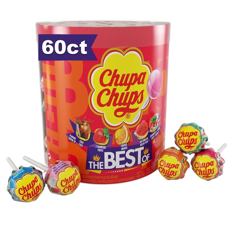 Chupa Chups ‘Best Of’ Holiday Candy Lollipop Variety Assortment, 5 Flavors, Individually Wrapped Candy for Christmas Stocking Stuffers for Adults & Kids, 25.3 oz Drum (60 Suckers)