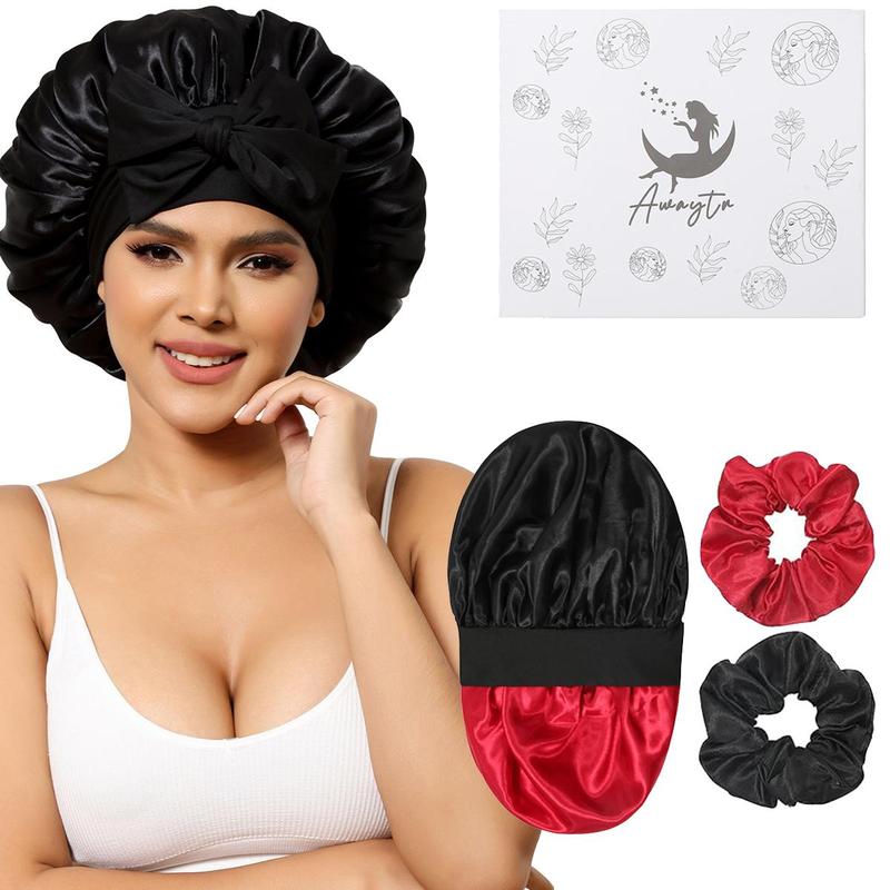 AWAYTR Double Layer Satin Bonnet for Sleeping Cap Women Reversible Hair Bonnets with 2PCS Hair Scrunchies Elastic Tie Band Nightcap Gifts for Women