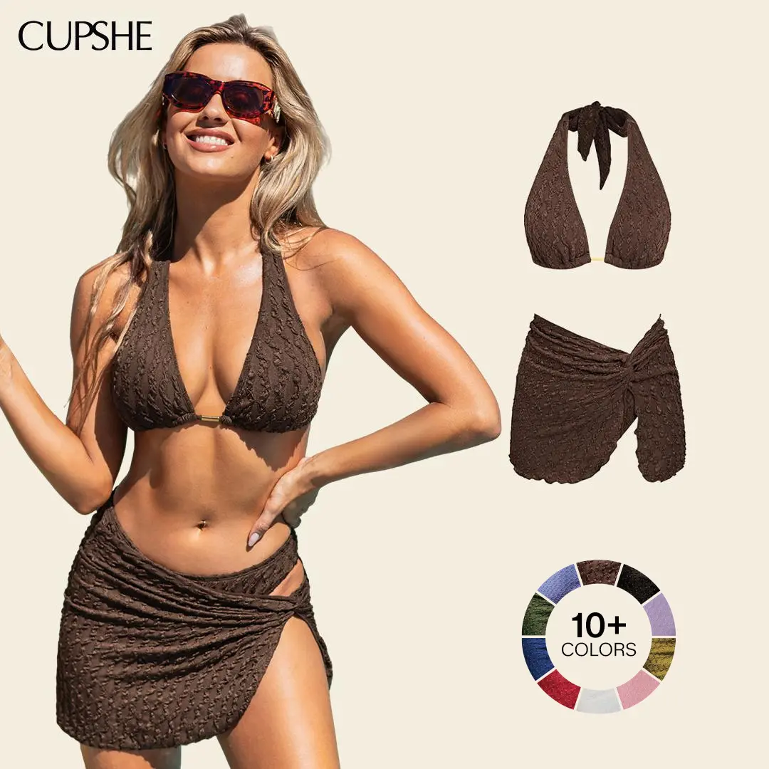 CUPSHE Women's 3-Piece Polyester-Elastane Stretch Textured Bikini Set Bold Plunging Halter Top, High-Cut Cheeky Bum Coverage Bottoms, Sarong Skirt Cold-Wash Beachwear Bathing Suits