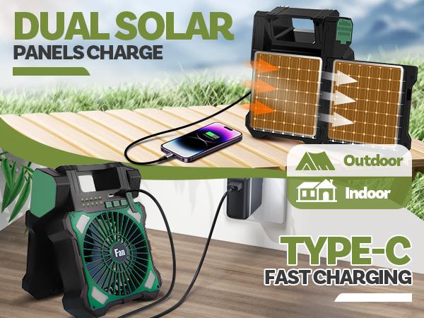 12000mah Solar Powered Fan, Dual-Panel Rechargeable Solar Camping Fan with LED Lantern, 5 Adjustable Speeds Cordless Battery Powered Portable Fan, Quiet USB-C Desk Fan for Tent Home Worksite Outdoorfun 12000mah Solar Powered Fan, Dual-Panel Rechargeable Solar Camping Fan with LED Lantern, 5 Adjustable Speeds Cordless Battery Powered Portable Fan, Quiet USB-C Desk Fan for Tent Home Worksite Outdoorfun