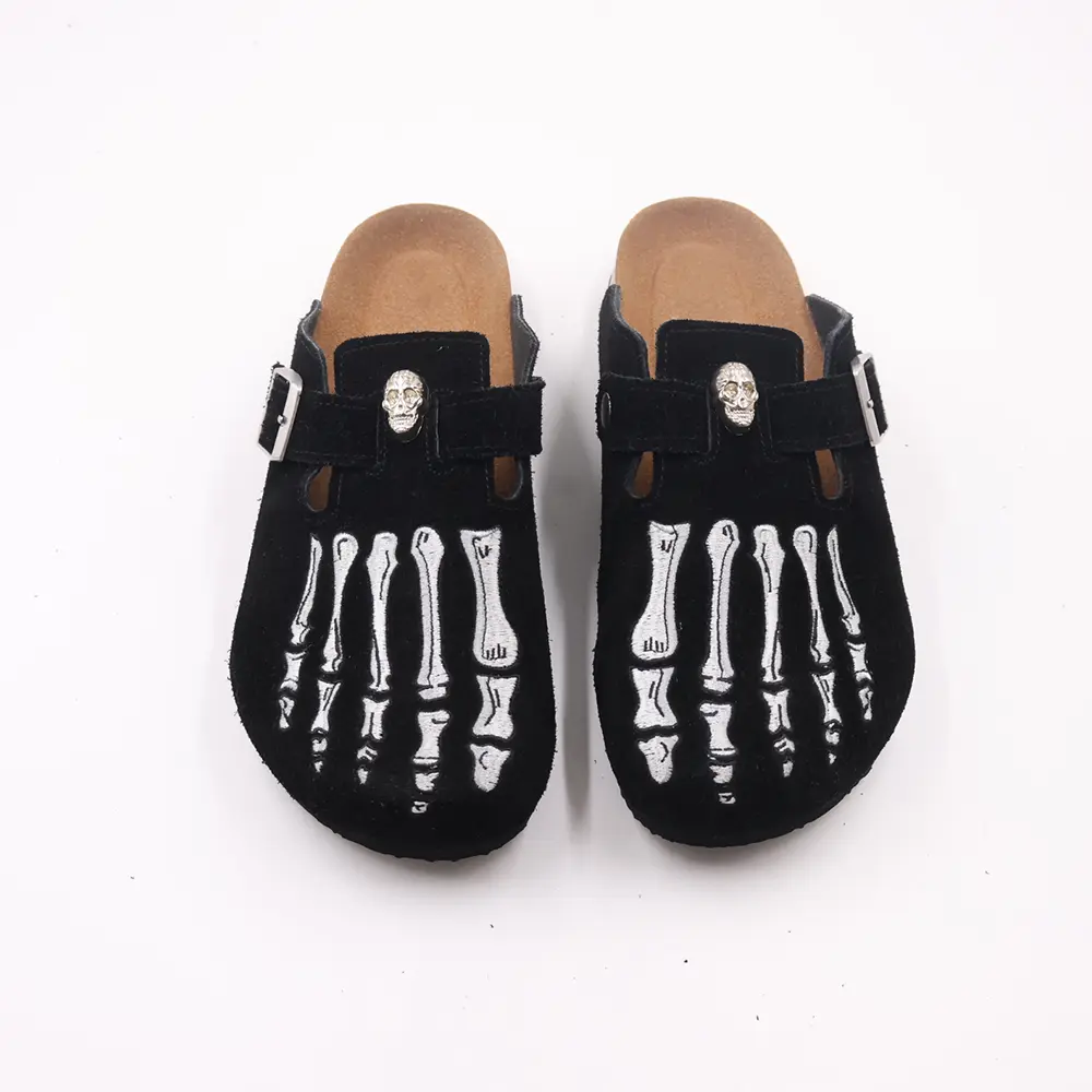 Edgy Black Suede Clogs with Skeleton Foot & Skull Details mules, Punk Gothic Slip-On Shoes for Men Slides, Y2K Streetwear Footwear