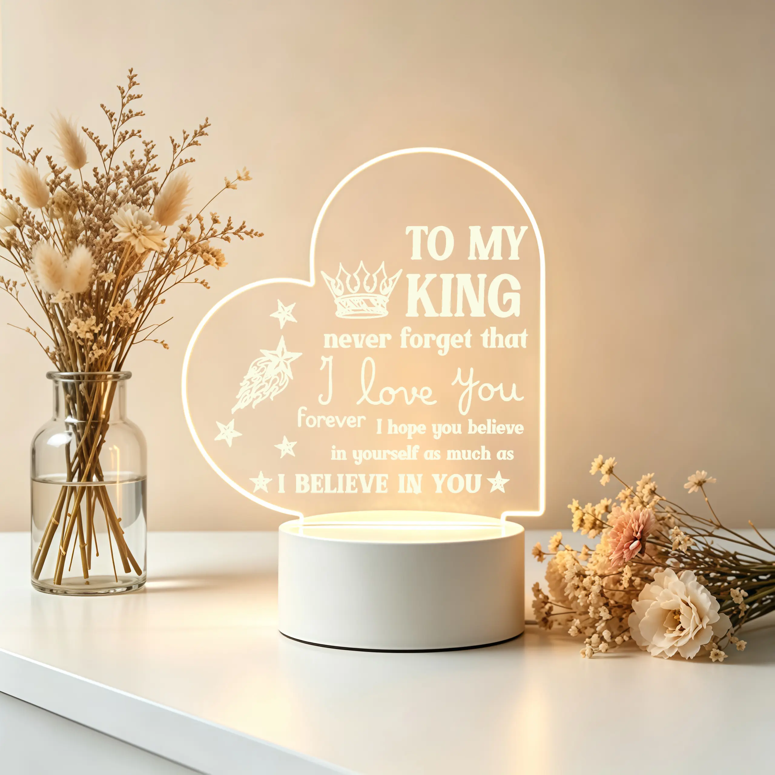 Heart Shaped Acrylic LED Night Light with Acrylic Base, Text + Crown, Valentine Sentimental "To My King" Quote - Desk Lamp Gift for Husband, Ideal Anniversary Present, Sentimental Quote
