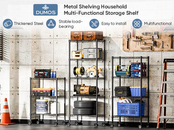 5 Tier Heavy-Duty Adjustable Wire Shelving Unit with Casters Ideal for garages, kitchens, pantries, laundry rooms, and office storage Easy assembly Dimensions: 23“W × 13”D × 60"H Black