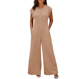 Cicy Bell Womens Casual Striped Jumpsuits Summer Cap Sleeve Wide Leg Jumper Romper Button Down Travel Beach Outfits