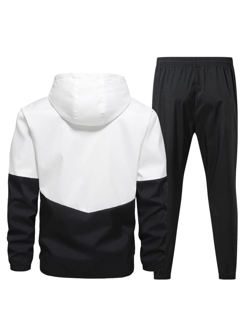 A sports and street photography two-use color-blocked hoodie jacket set, side white stripe slimming pants, trendy, versatile, comfortable, and breathable.