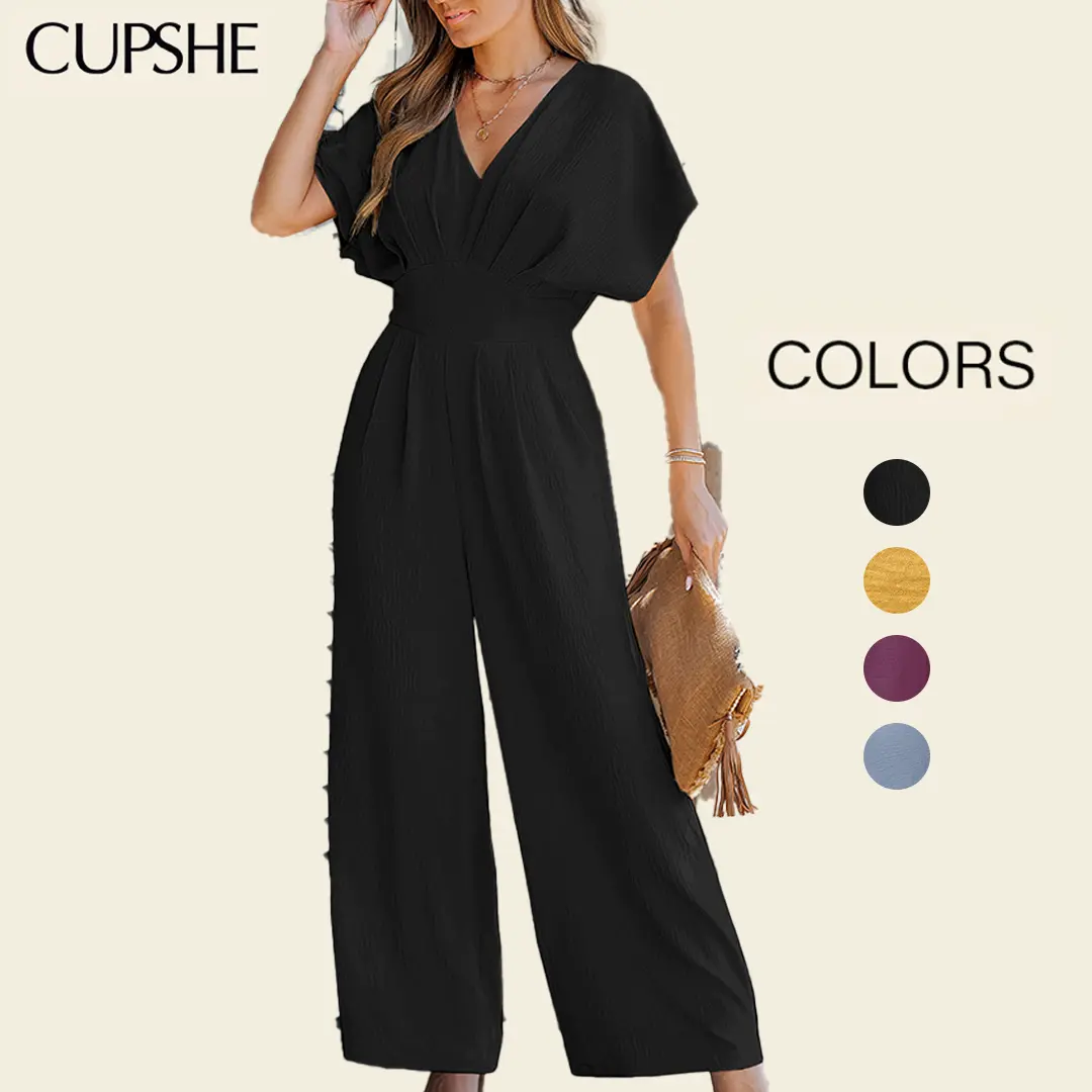 CUPSHE Women's Casual Woven Polyester Blue Overalls Jumpsuit, Summer, V-Neck, Wide Leg, Pocketed, Relaxed Cut, No