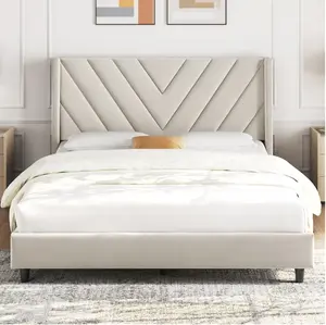 Queen Size Modern Upholstered Platform Bed with Slat Support, Beige