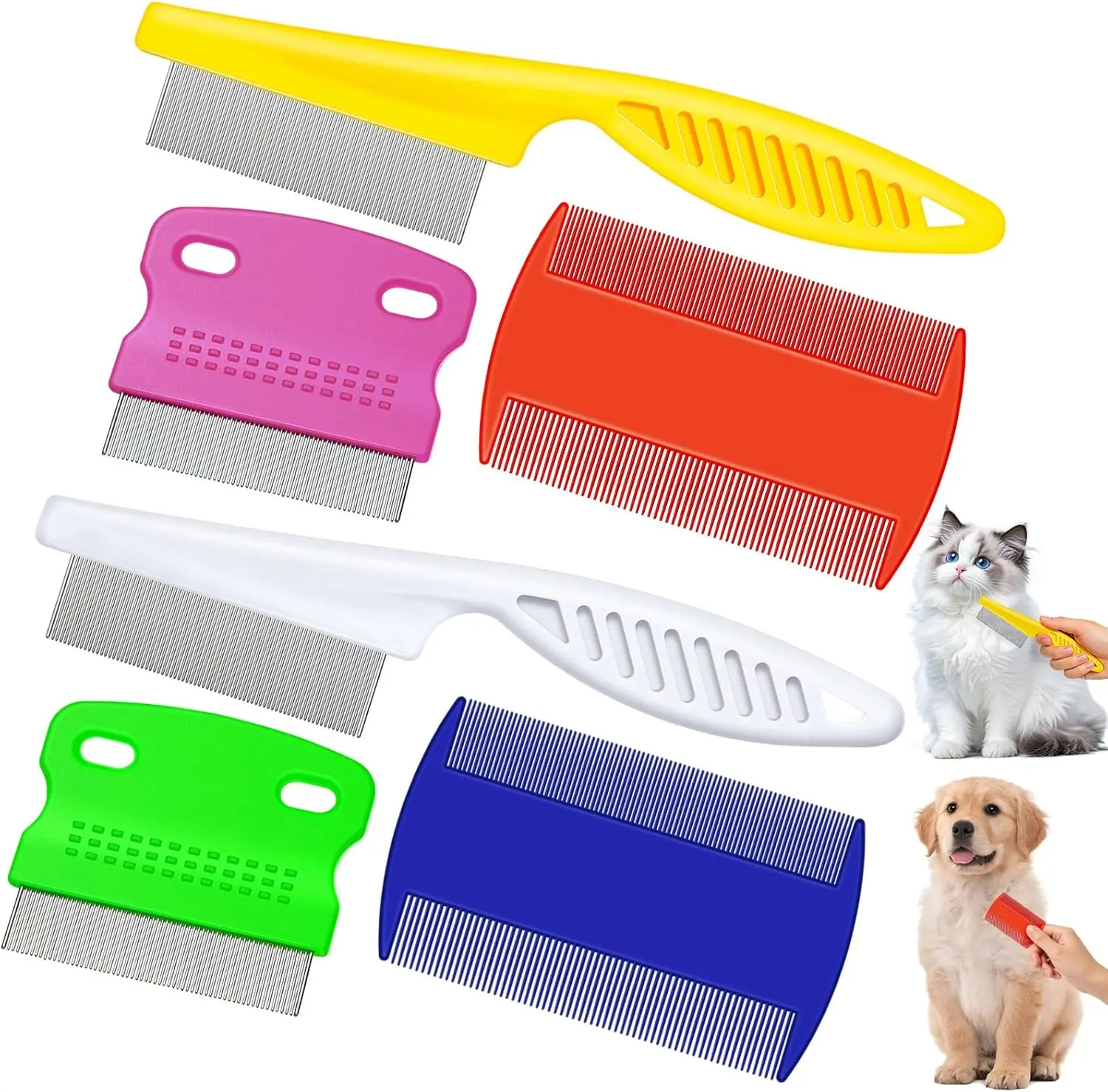 6-Pack Multi-Pack Stainless Steel Pet Grooming Combs with Rounded Teeth - Double-Sided Flea Lice Remover, Tear Stain & Dematting Tool for Dogs, Cats (White, Yellow, Green, Purple, Orange, Dark Blue)
