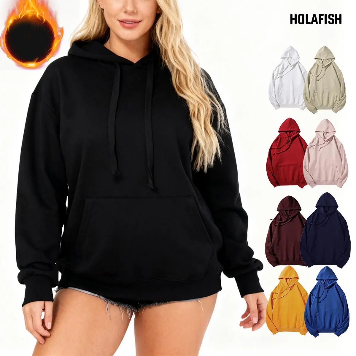 Holafish Women's Plush Fleece Hoodies - Unisex Long-Sleeve Kangaroo Pocket Pullover, Everyday Essential Simple Korean Minimalist Casual Medium-Length Winter Cozy Tops