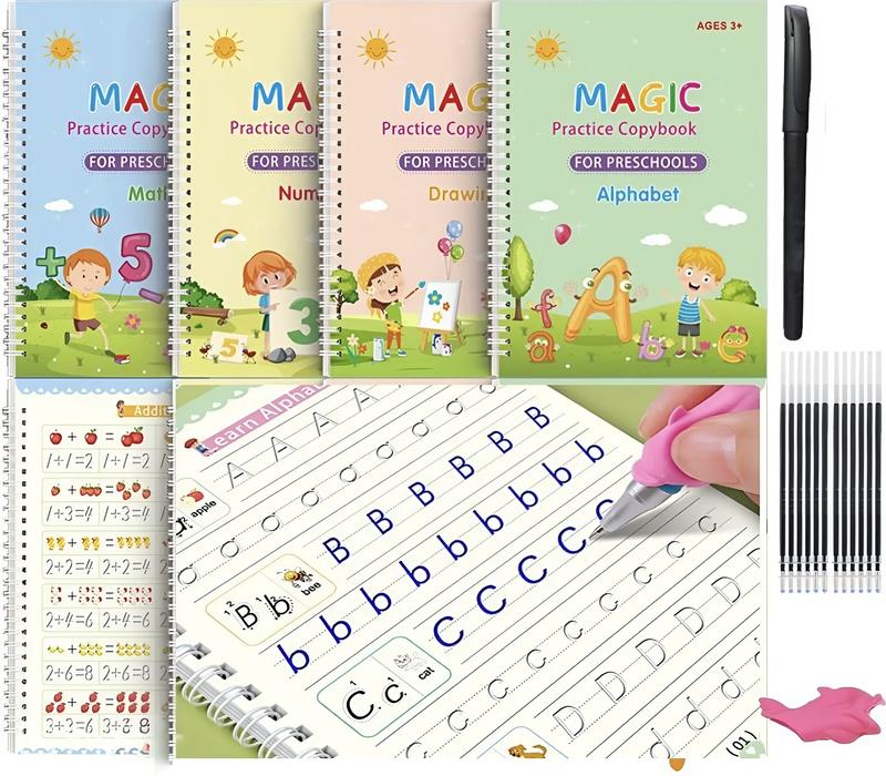 Grooved Handwriting Learning Tool Workbooks for Kids, 4 Pcs Reusable Magic Practice Copybooks with 1 Pen, 6 Refills & 1 Random Color Pen Grip, Journal Kit Set