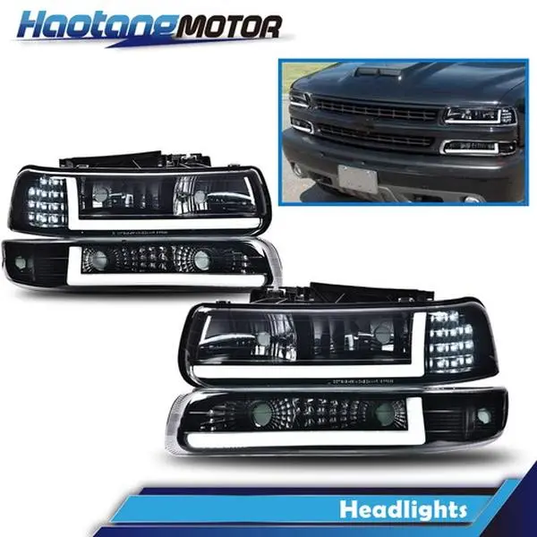 CROSSDESIGN Smoke LED DRL Front Light Headlamps & Bumper Lamps - Direct Fit Truck Headlight Kit, Replacement Car Light for 99-02 Chevy Silverado, 00-06 Tahoe, Chevy Truck Accessory Auto Parts Upgrade, Front Light Headlamp, Led Headlight Assembly
