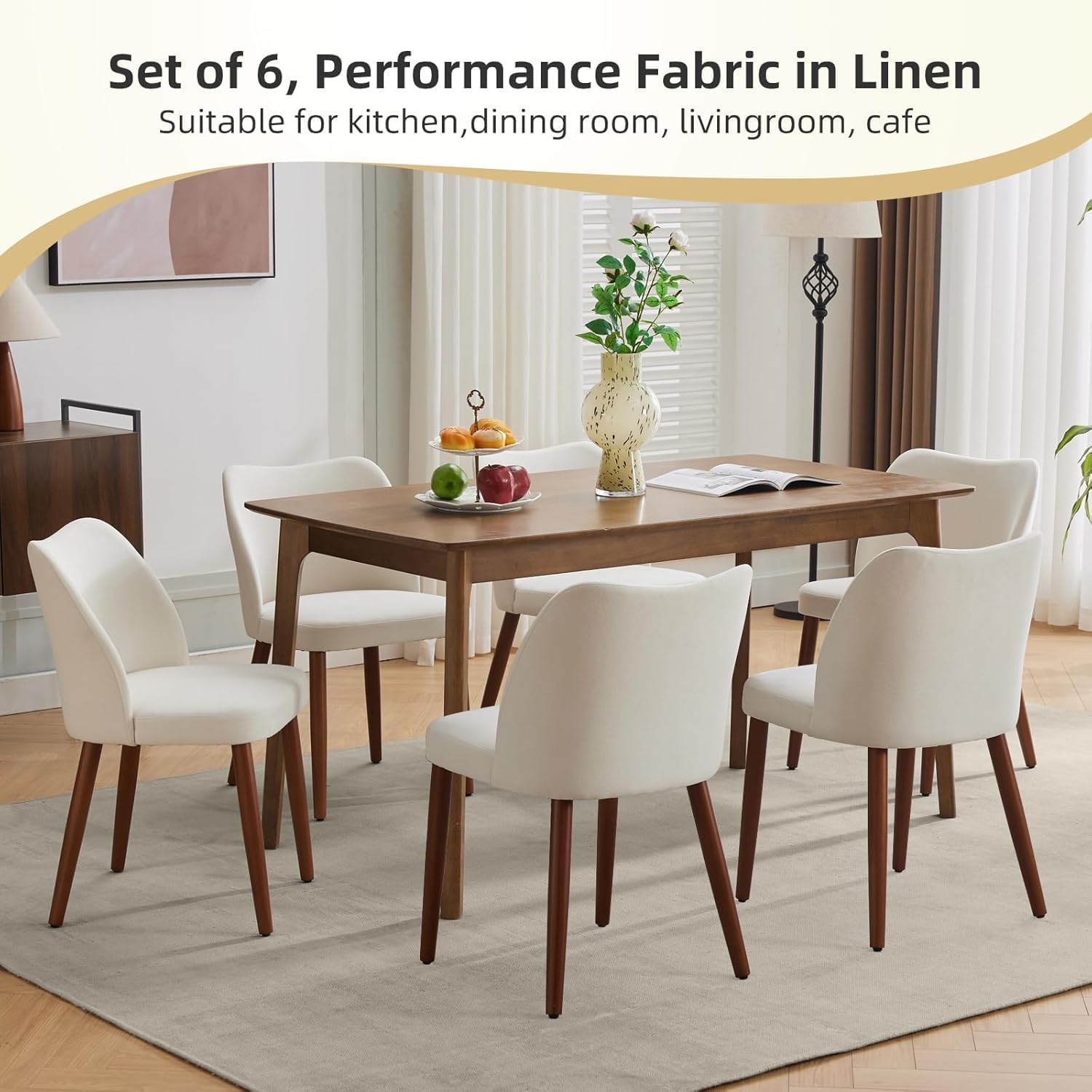 Mid Century Modern Dining Chairs Set of 2,Linen Fabric Upholstered Accent with Wood Legs, Kitchen Chairs with Hardwood Frame for Dining Table, Kitchen,Farmhouse, Dining Room,Beige