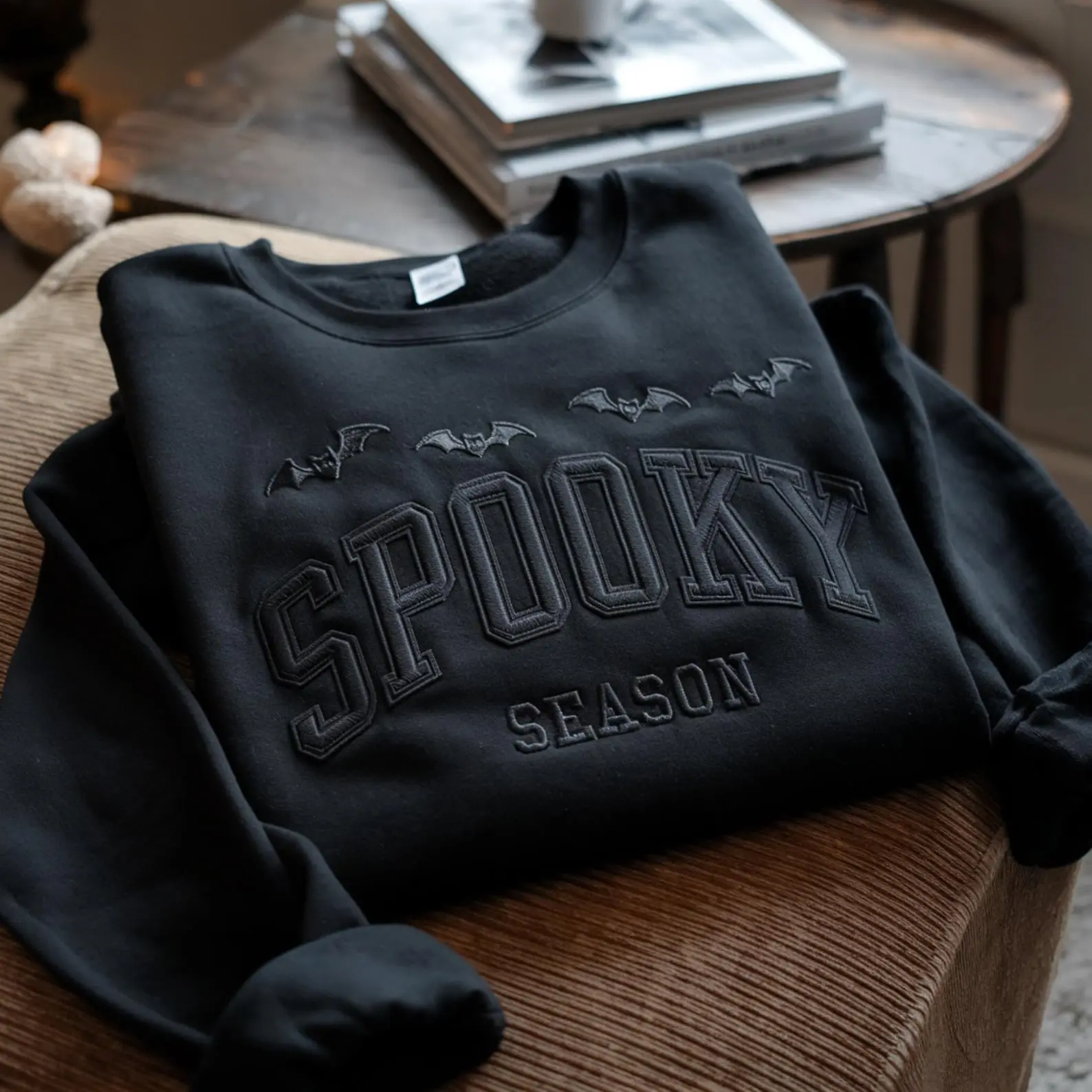 Embroidered Spooky Season Sweatshirt, Halloween Bat Crewneck