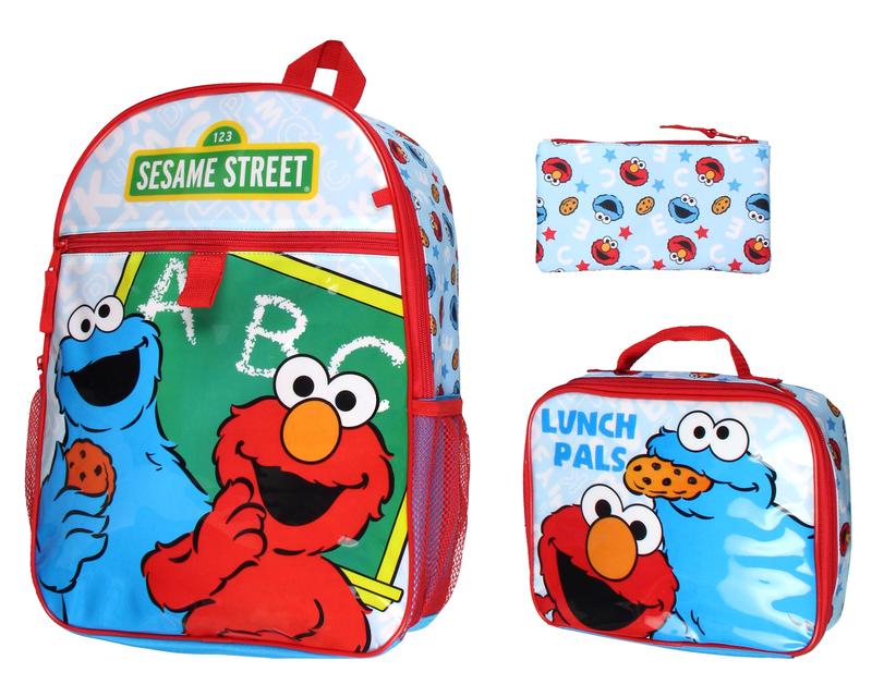Sesame Street ABC Cookie Monster Elmo 3 PC Backpack Lunch Box Pencil Pouch 17"