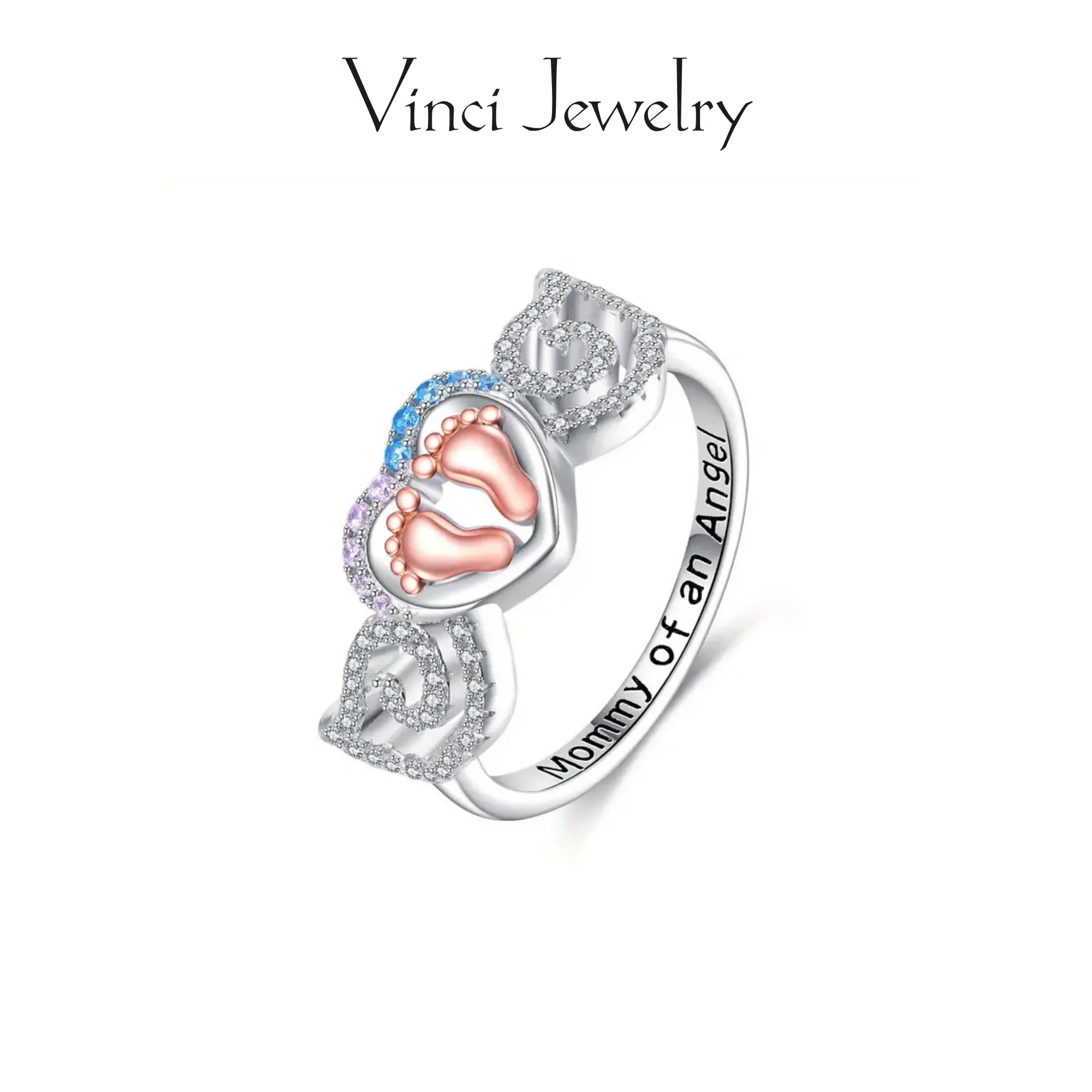 925 sterling silver Mom and Baby Footprint Heart Ring with Angel Wings Rose Gold Tone Baby Feet Blue and Pink Crystal Birthstone Inspired Jewelry Meaningful Love Keepsake Gift for Mom New Mom Mother Daughter Family Birthday Mother Day   Everyday Wear