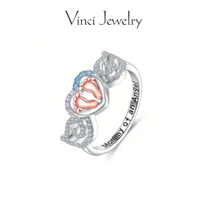 925 Exquisite Baby Foot Ring with Mommy of an Angel Engraving Design, Lovely and Romantic Heart Ring for Women, Hypoallergenic Sterling Silver Ring, Perfect Gift for Expecting Mothers and Lover for Daily Wear