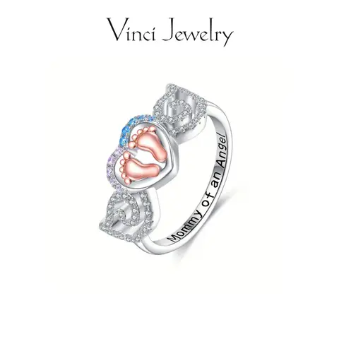 925 sterling silver Mom and Baby Footprint Heart Ring with Angel Wings Rose Gold Tone Baby Feet Blue and Pink Crystal Birthstone Inspired Jewelry Meaningful Love Keepsake Gift for Mom New Mom Mother Daughter Family Birthday Mother Day   Everyday Wear