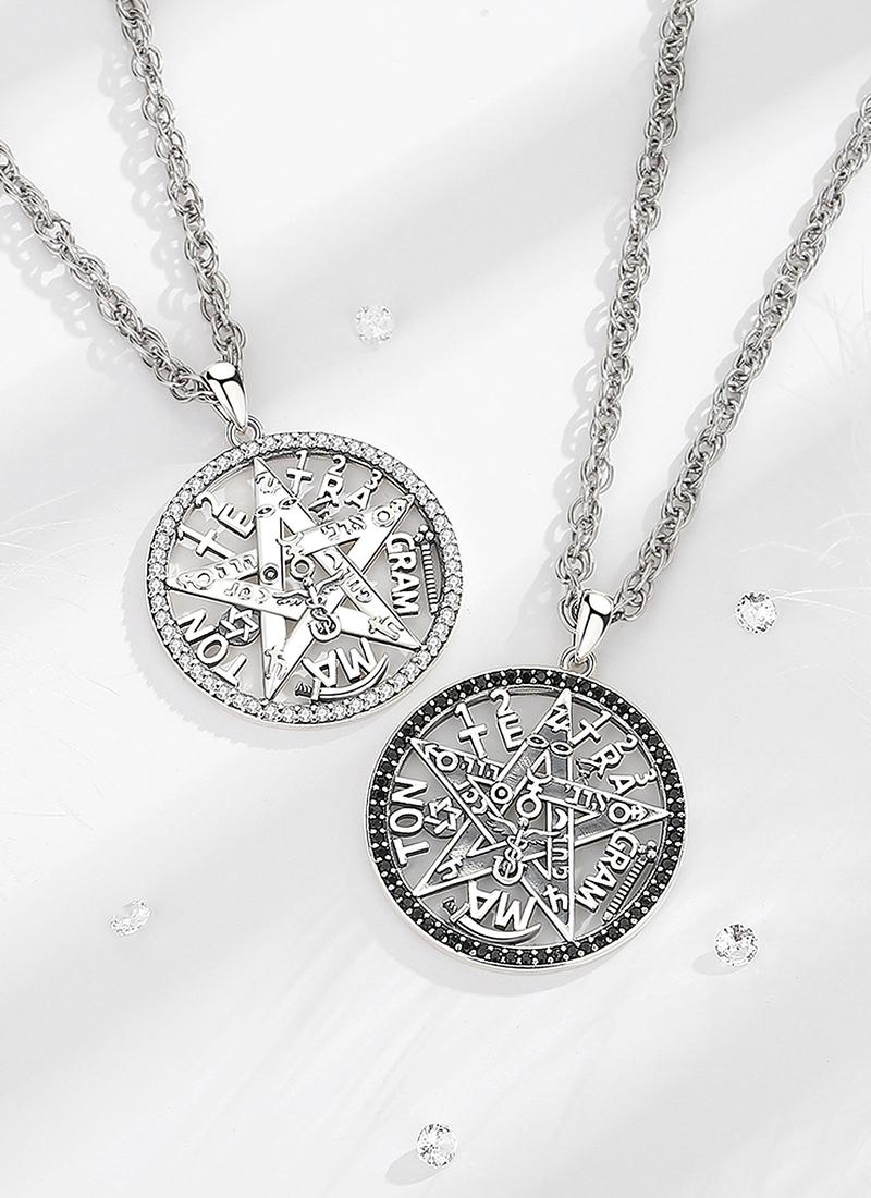 Eudora S925 Sliver Tetragrammaton Necklace, YHWH Pentagram Amulet with Seven Chakras & CZ, Rotatable Hebrew Jehovah Pendant, Esoteric Protection Jewelry Gift