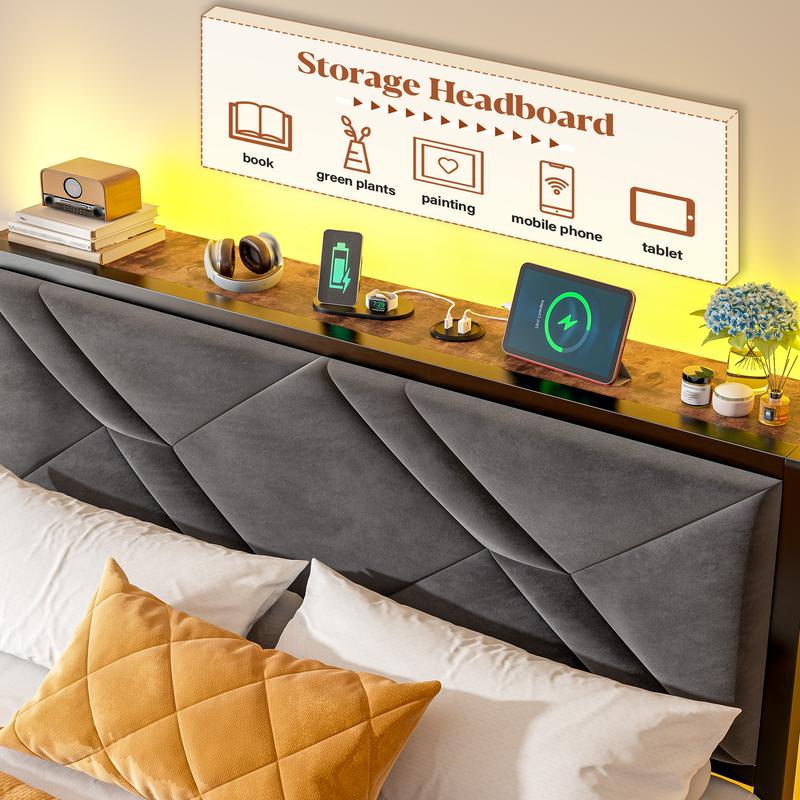 Raybee Luxury Bed Frame with 6 Storage Drawers,  LED Lights & Charging Station, Full Queen Platform Bed Frame with Upholstered Headboard & Shelf, No Noise, Holds 1000lbs, No Box Spring Needed,Easy Assembly, Black