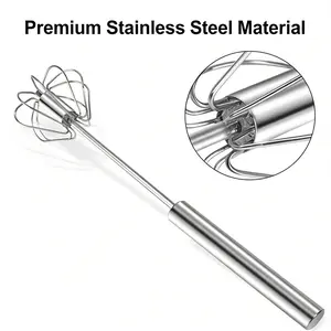 Premium Kitchen Gadgets Home Cooking Essentials Semi-Automatic Stainless Steel Egg Whisk Manual Push Rotating Hand Whisk for Kitchen Mixing Eggs Batter Coffee Milkshakes Cream Sauce Durable Rust-Resistant Multifunctional Durable High Quality Practical
