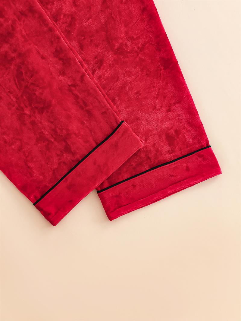 PAJAMAS Long Sleeve Red Velvet Pajama Set with Button Front and Pocket for Cozy Nightwear