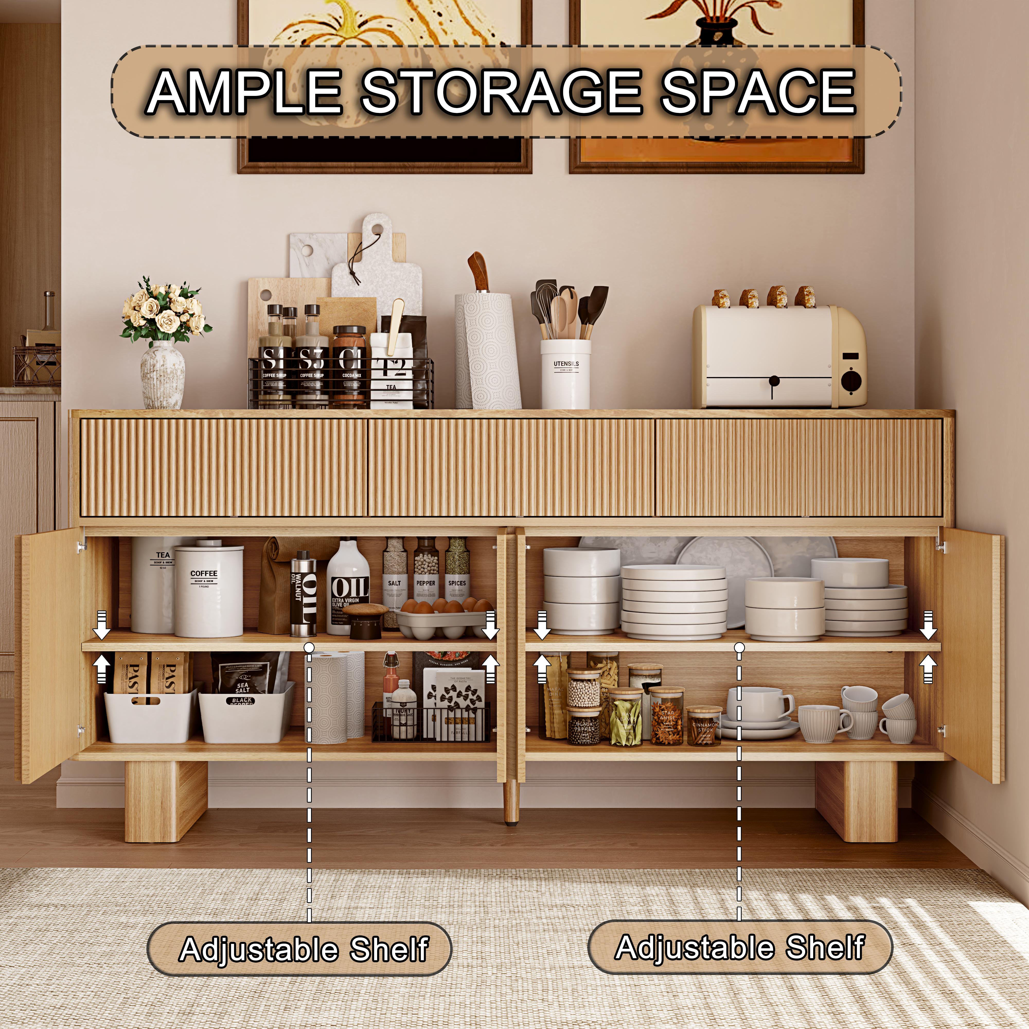 Modern Buffet Cabinet with Storage, 63" Wide Sideboard Cabinet with 3 Drawers and 4 Doors, Reinforced Wide Legs for Kitchen & Living Room, Natural Oak