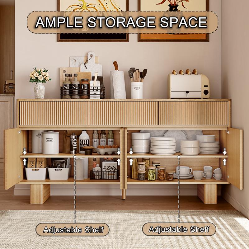 Modern Buffet Cabinet with Storage, 63" Wide Sideboard Cabinet with 3 Drawers and 4 Doors, Reinforced Wide Legs for Kitchen & Living Room, Natural Oak