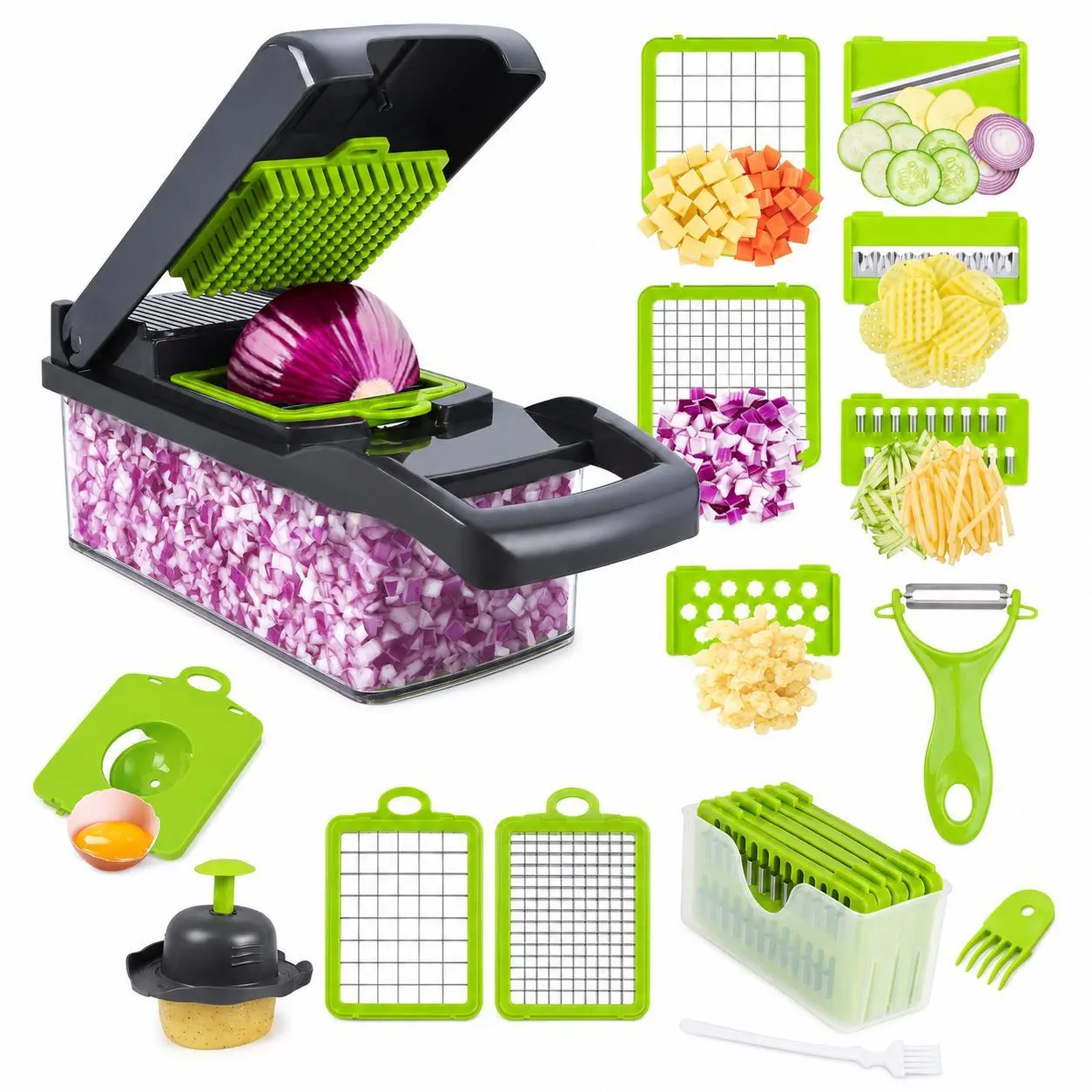 16 In 1 Vegetable Chopper with Container, Multifunctional Food Chopper and Onion Dicer with 8 Interchangeable Stainless Steel Blades, Veggie Slicer Cutter for Potato, Carrot, Garlic and Meal Prep, Gray